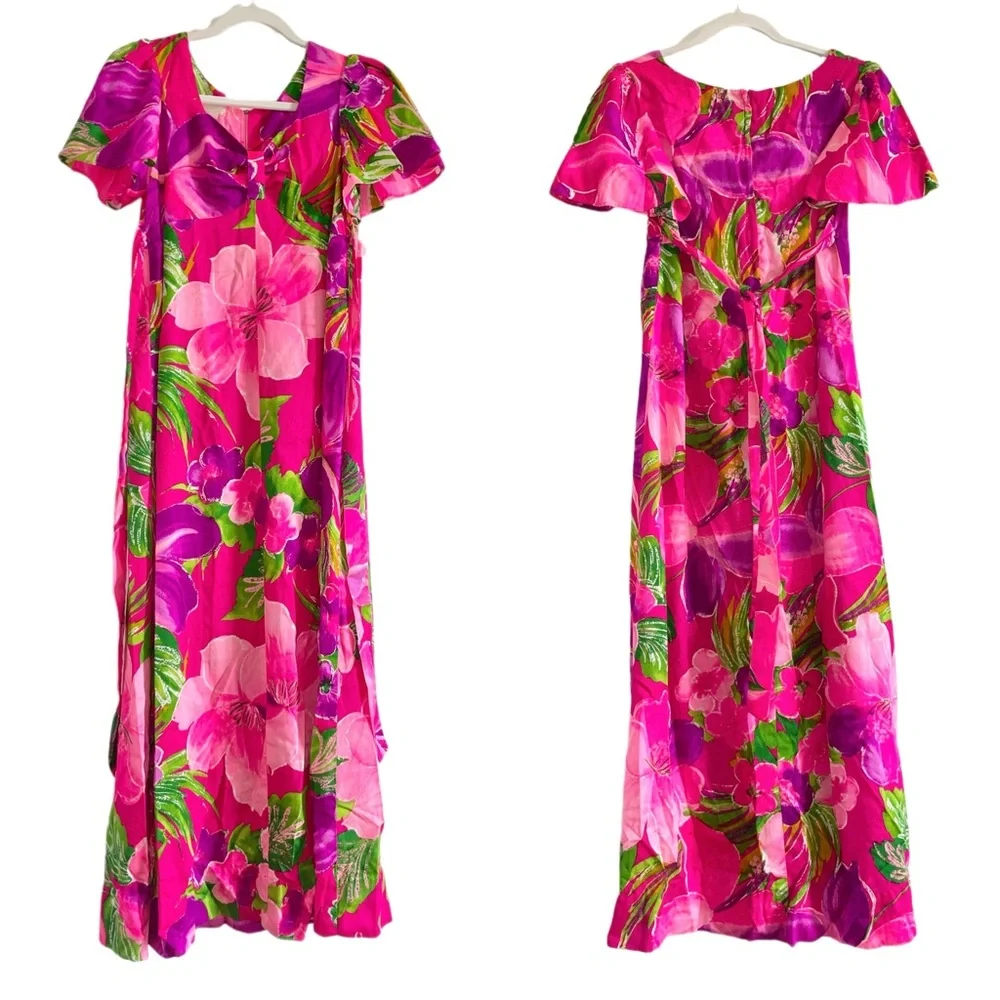 Vtg 60's Pink Magenta Floral Barkcloth Empire Waist Muumuu Dress Tie Back - XS - Picture 2 of 9
